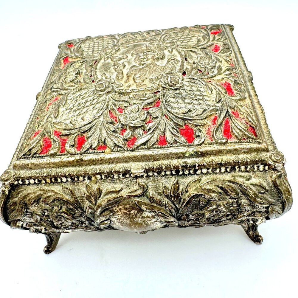 Vtg Gold Tone Jewelry Trinket Box Red Velvet Floral Angel Bird Relief Gift